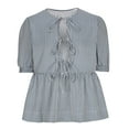 thumbnail image 4 of YHAJDS Summer Tops Blouses Striped Front Round Neck Puff Sleeve Blouse Casual Spring Top, 4 of 5