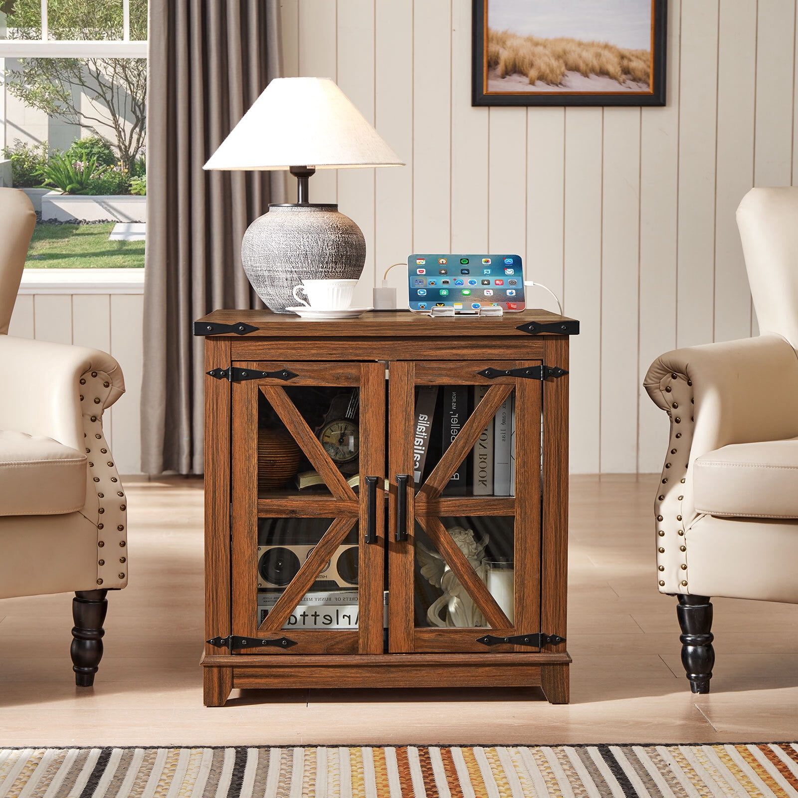 Joaxswe 24" Farmhouse End Tables for Living Room with Charging Station, Nightstand for Bedroom with Drawer, Square Bedside Table for Living, Brown