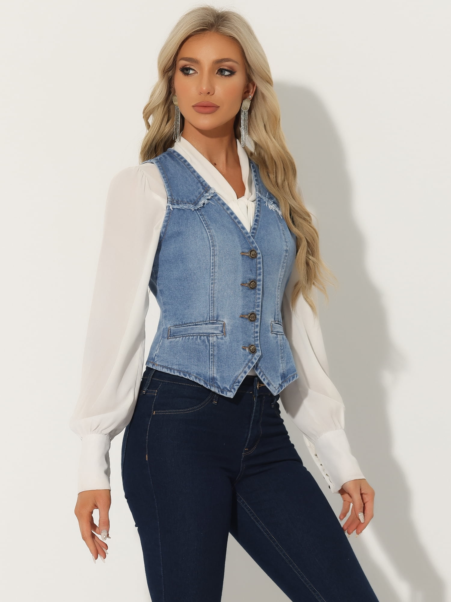 DARING DIVA Women's Denim Vest Washed Distressed Jean Jacket XL Light Blue
