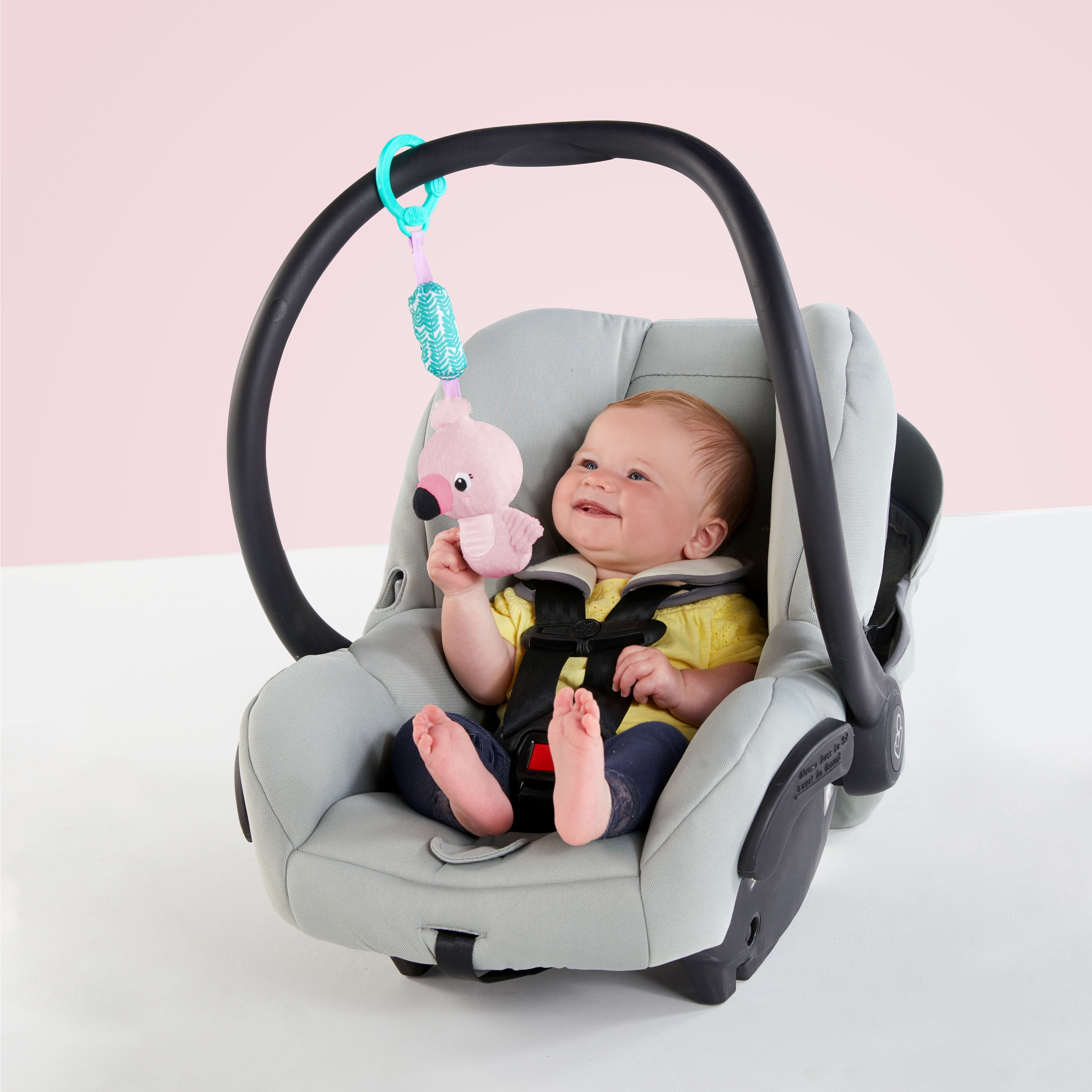 Bright Starts Flamingo Chime Along Friends Plush Take-Along Stroller or Carrier Baby Toy, Age 0 Month+