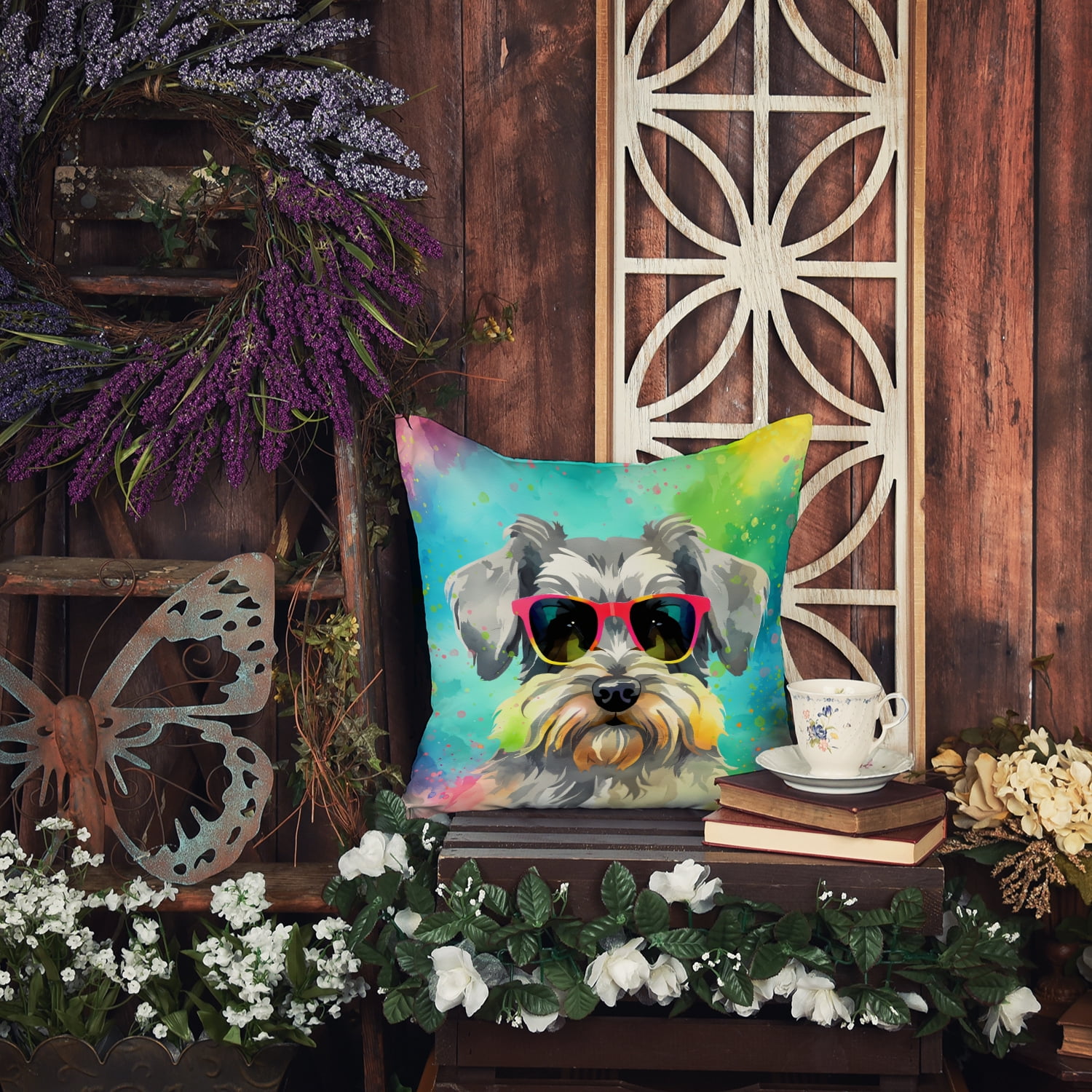 Schnauzer Hippie Dawg Fabric Decorative Pillow 18 in x 18 in