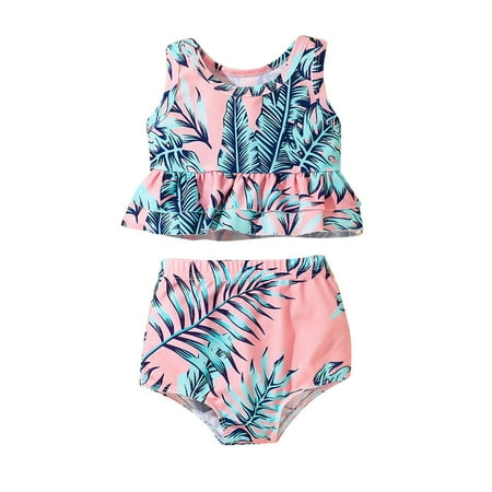 

Summer Toddler Girls Sleeveless Floral Lovely Sweet Bathing Suit Ruffles 2PCS Swimsuit Bikini Swimwear Holiday