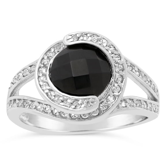 Sterling Silver Round Black Onyx and White Topaz Ring for Women - Size 7