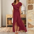 thumbnail image 3 of Bigersell Formal Dresses for Women Evening Party Wrap Dress Front Split Ruffle Maxi Dress with Belt Ruffled Flounce Short Sleeve V-Neck Elegant Long Dresses Casual Loose Beach Sundresses, Red XXL, 3 of 8