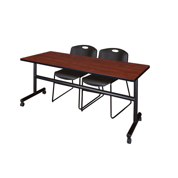 72" x 30" Flip Top Mobile Training Table- Cherry and 2 Zeng Stack Chairs- Black