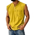 thumbnail image 2 of Men's Washed Cotton Tank Top with Henley Neck and Chest Pocket Featuring Vintage Solid Color Design for Summer Casual Gym Workout Running Beach Vacation or Streetwear Style Yellow XXL, 2 of 5