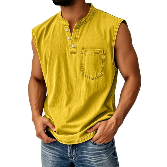 Mens Tank Tops Summer Casual Workout Loose Fit Henley Shirts Lightweight Muscle Sleeveless Tee Shirts with Pockets, 5XL