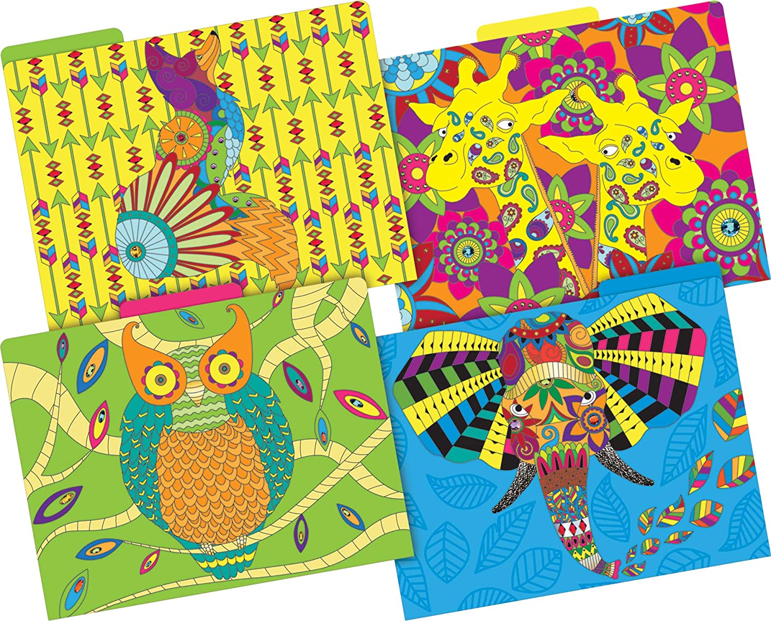BARKER CREEK Designer File Folders Set of 12, Boho Animals, Multi-Design, Bohemian on Outside, Solid Colors on Inside, Letter Size, 1/3 Cut Tabs, 12-Pack, Home, School and Office Supplies (1342)