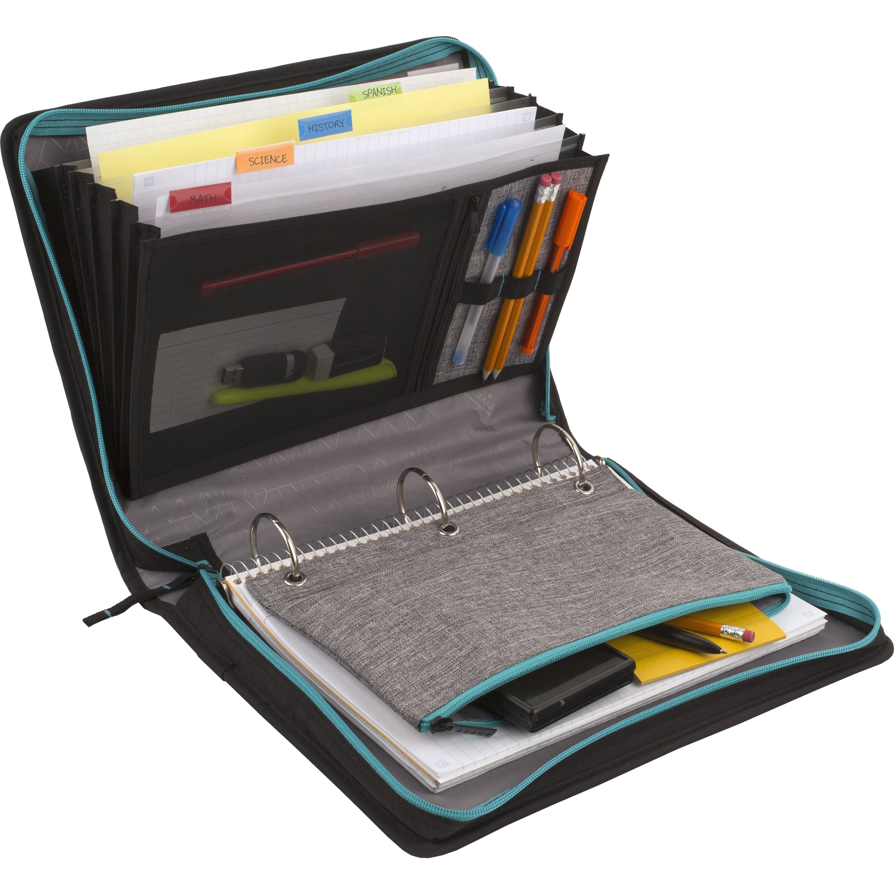 Five Star Color Pop 2" Sewn Zipper Binder Plus Zipper Pouch, Fabric, 605 Sheet Capacity, Round Rings, Teal Blue