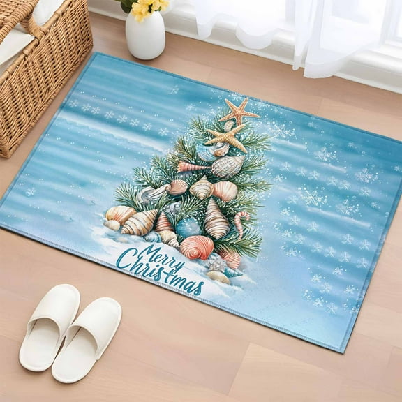 Blue Coastal Christmas Bathroom Rug Washable 2x3 Entryway Rug Non Slip Nautical Summer Beach Shell Conch Front Door Mat Low Pile Indoor Doormat Throw Floor Carpet for Kitchen Bedroom Entrance