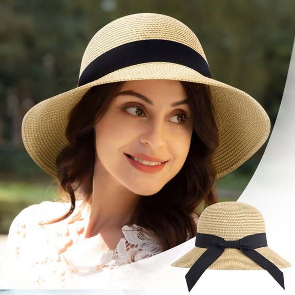 Women's Wide Brim Sun Hat UV Protection Straw Beach Hat for Women - Packable & Foldable Summer Fedora Hat for Vacation, Travel, Outdoor & Pool