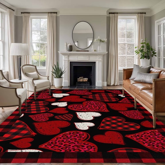 Valentine's Day Area Rugs 8'x10', Washable Small Throw Rugs for Living Room Patio, Red Black Love Hearts Checkered Indoor Outdoor Rug Non-Slip Low Pile Carpet Runner Reversible Floor Mats