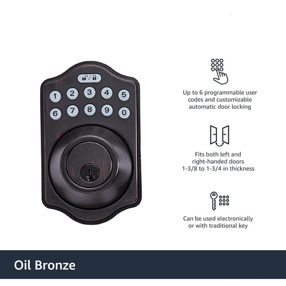 Basics Electronic Keypad Deadbolt Door Lock with Touch-Control Keyless Entry Door Lock, Keyed Entry Option, Traditional, Oil Bronze, 1-Pack