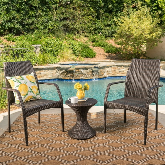 Landsbury Outdoor 3 Piece Wicker Chat Set with Stacking Chairs and Hourglass Side Table, Multibrown