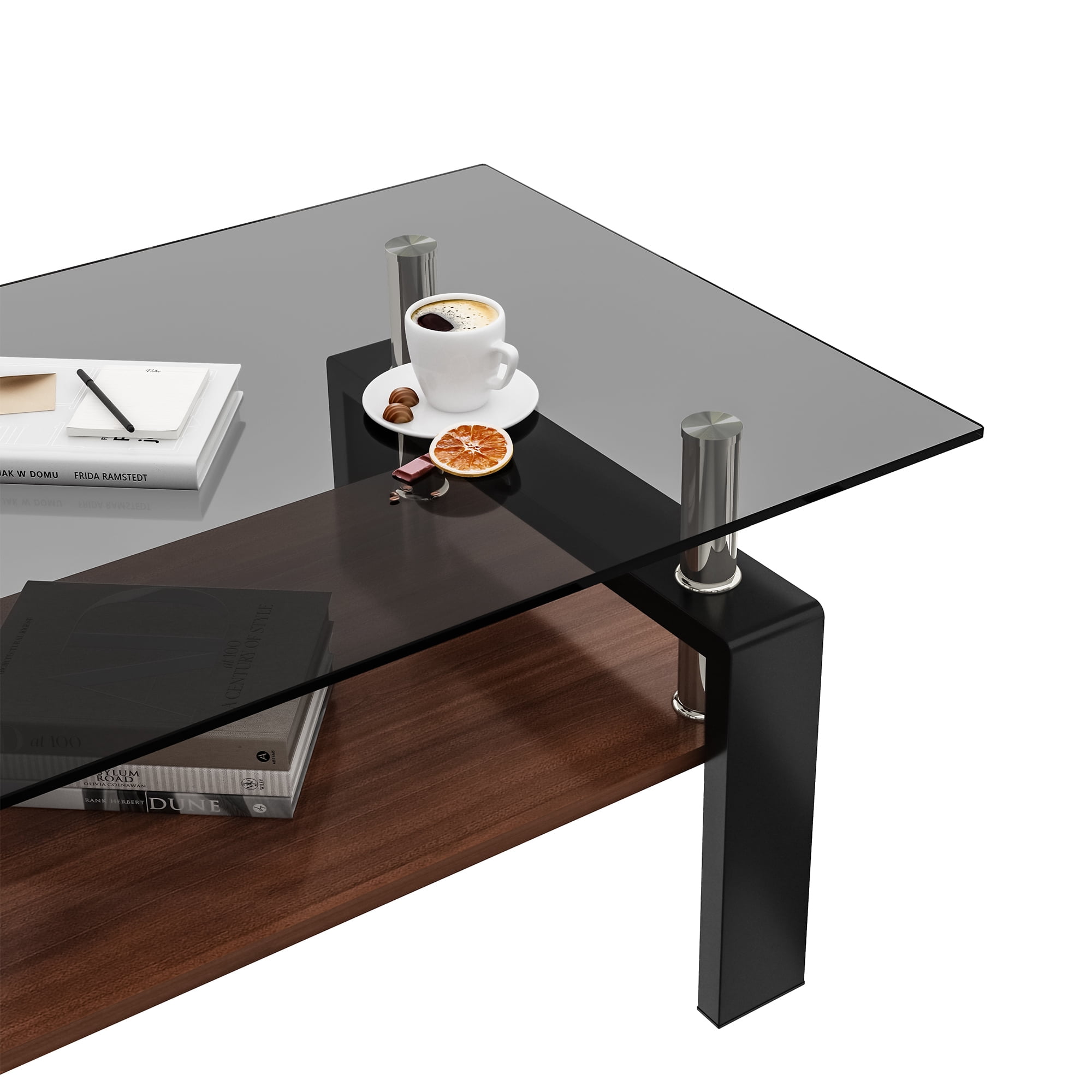 MAYEERTY Rectangle Coffee Table with Gray Tempered Glass & MDF Shelf
