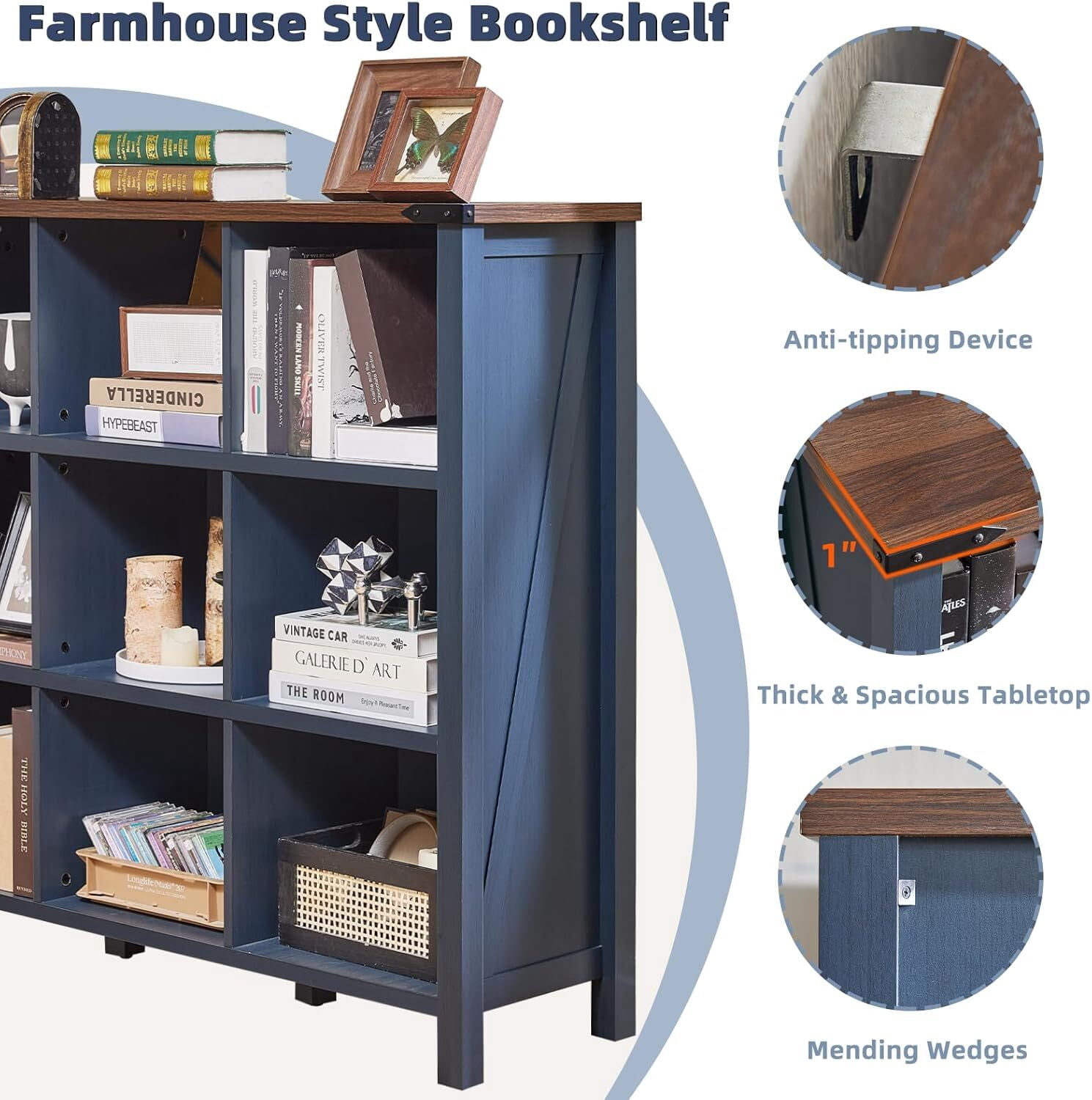 Joaxswe 3-tier Bookshelf, 42.2 in Tall Bookshelf with 9 Open Display Shelves, Large Bookcase for Office Living Room, Blue