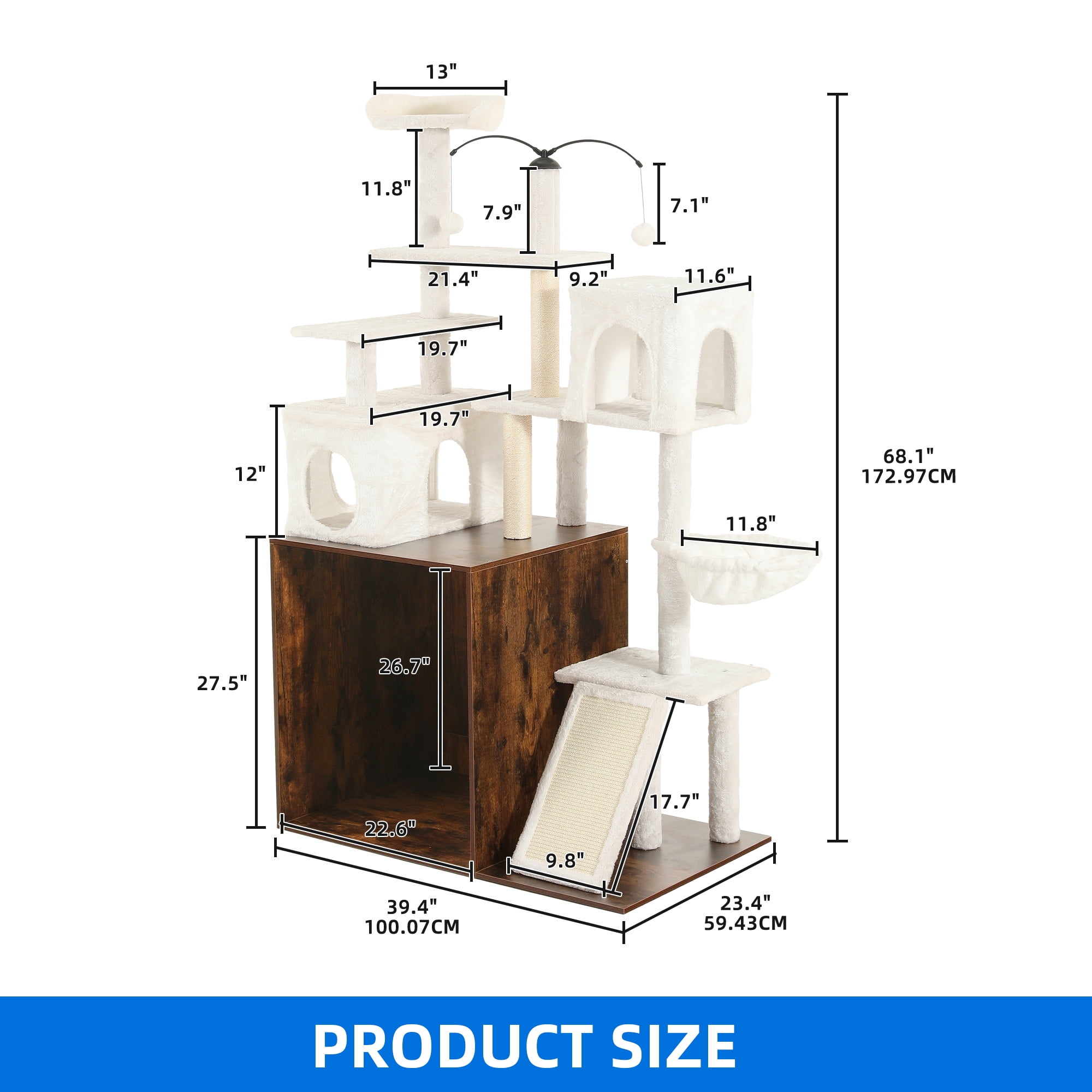 Homiflex Cat Tree for Automatic Litter Box, 68''H Cat Tower with Litter Box Enclosure, Scratching Post/Board, 2 Cat Condos, Round Hammock, Elastic Dangling Ball, Rustic Brown