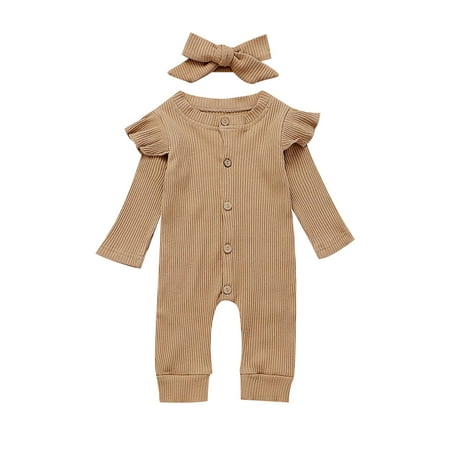 

QWERTYU Newborn Infant Baby Toddler Long Sleeve with Headband Set Romper for Girl Boy Button Jumpsuit 0-24M Camel 100