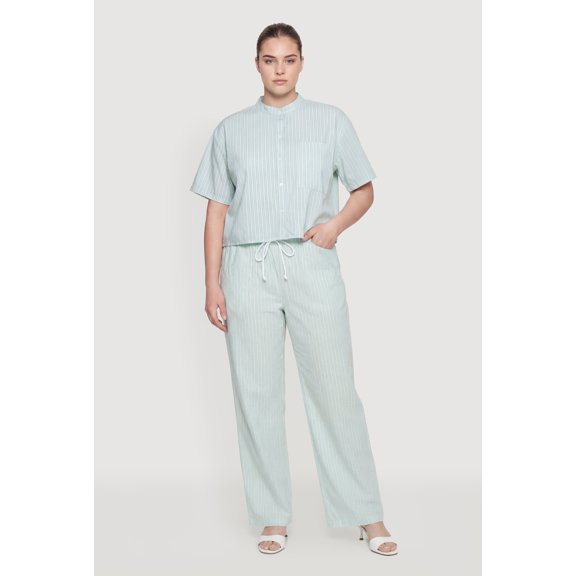 Women's Plus Size Striped Poplin Drawstring Waist Pants