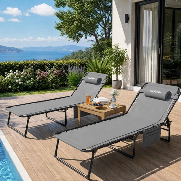 POTEBAN Set of 2 Folding Outdoor Lounge Chairs, 350lbs Heavy Duty Patio Recliner Chairs for Backyard, Lawn, Pool,Light Gray