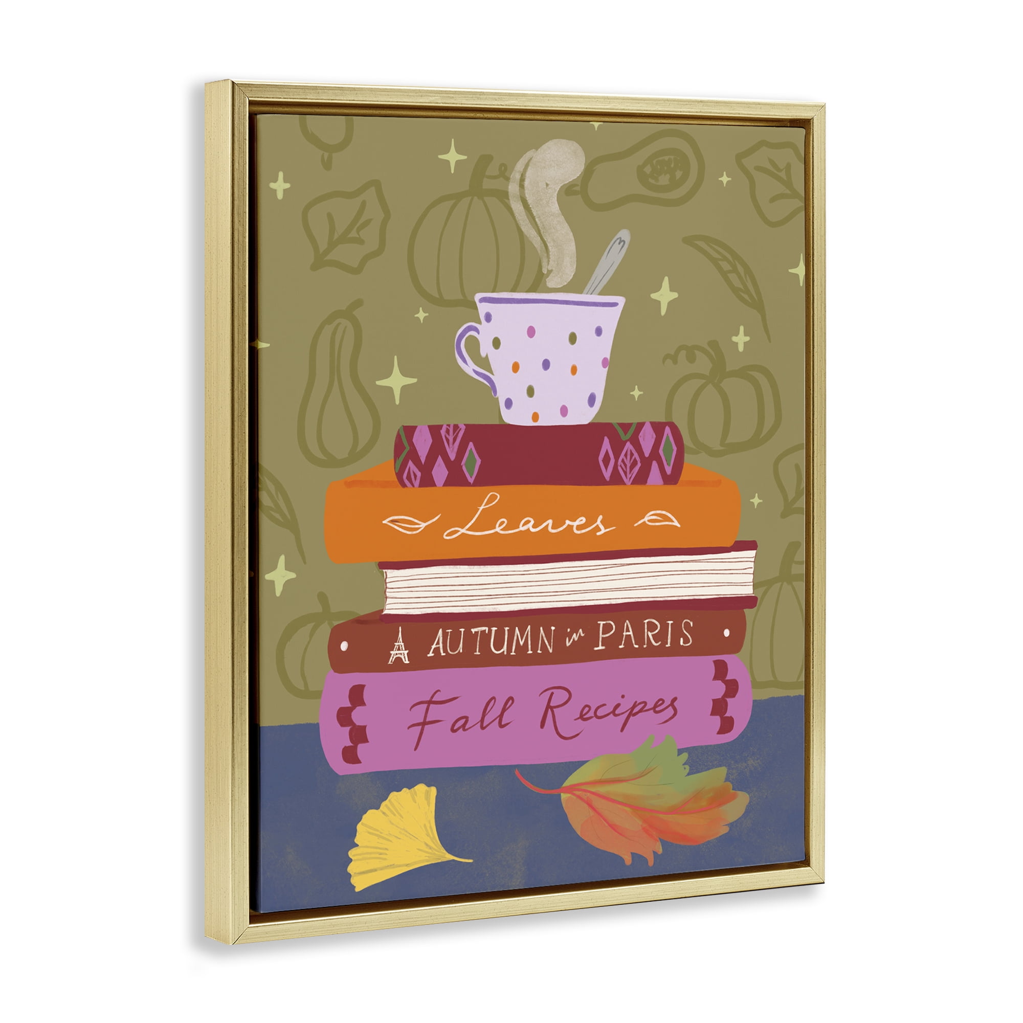 Stupell Industries Autumnal Mug on Bookstack Education Painting Gold Floater Framed Canvas Art Print Wall Art, 25 x 31