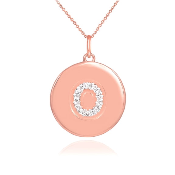 14K ROSE GOLD LETTER "O" INITIAL DIAMOND DISC PENDANT NECKLACE :  Pendant with 16" chain