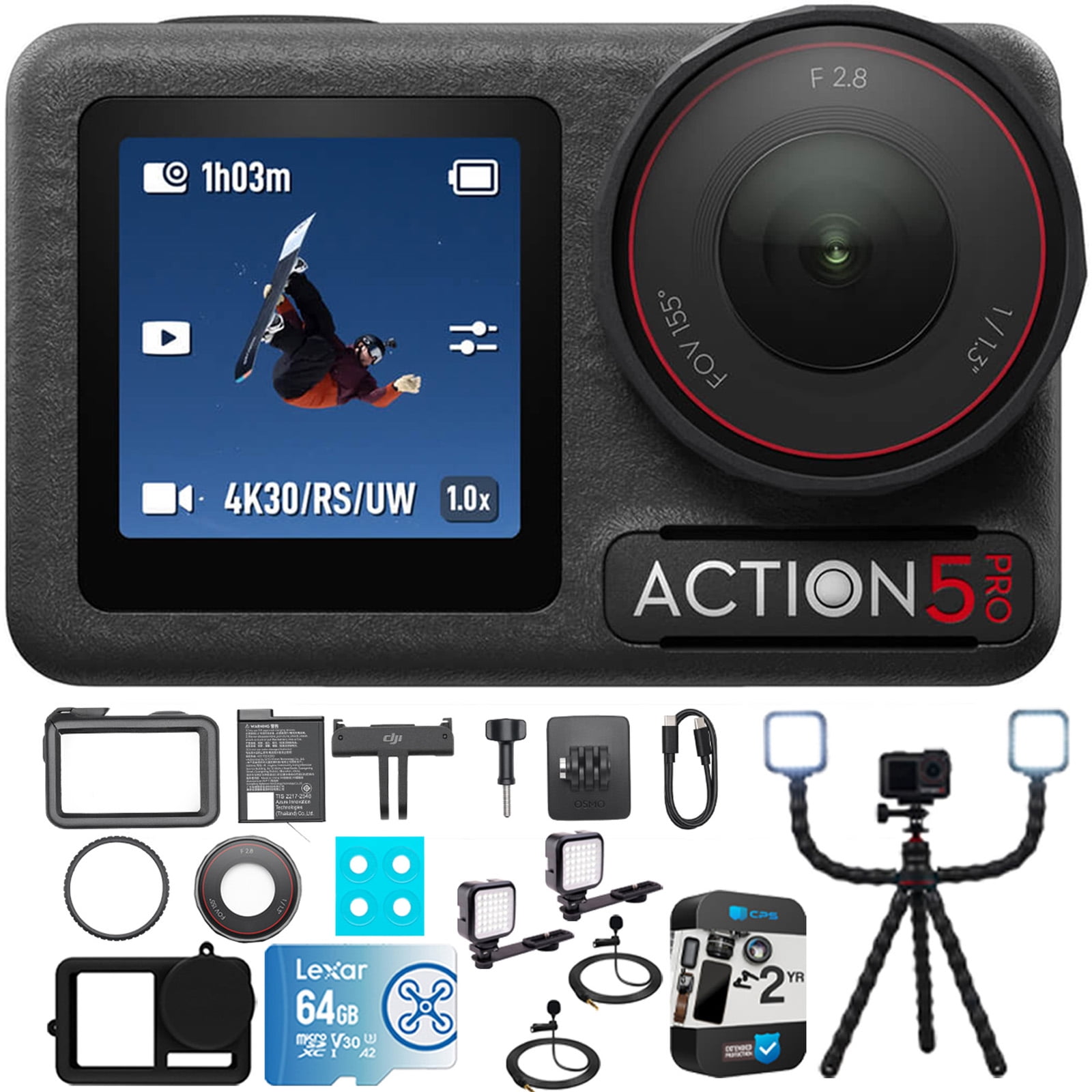 DJI Osmo Action 5 Pro Standard Combo, 4K Video Bundle with Vlogging Tripod, 64GB Card, Silicone Protective Case, 2x LED Light, 2x Clip-On Mini Lapel Microphone & 2 Year Extended Warranty
