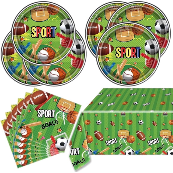 Sports Party Tableware Set With Plates, Napkins And Disposable Table Cover, Baseball Football Soccer Dinnerware Supplies For Boys Birthday Party