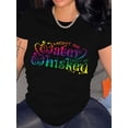 thumbnail image 1 of Women's Casual Crew Neck T-Shirt with Colorful Letter Print - Soft Polyester, Machine Washable, Perfect for Spring & Summer, 1 of 6