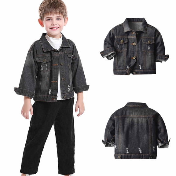 MKOSPLRT Distressed Denim Jacket for Boy 6M-7Y Baby Retro Ripped Jean Coats Collar Button Down Long Sleeve Denim Coats with Pocket
