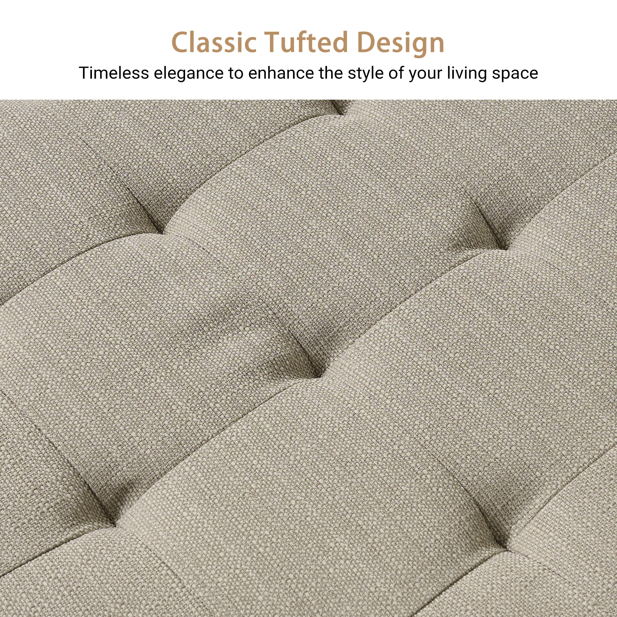 Square Upholstered Ottoman Coffee Table with Storage Shelf, Linen Fabric, Tufted Top, 31.9"x31.9", Beige