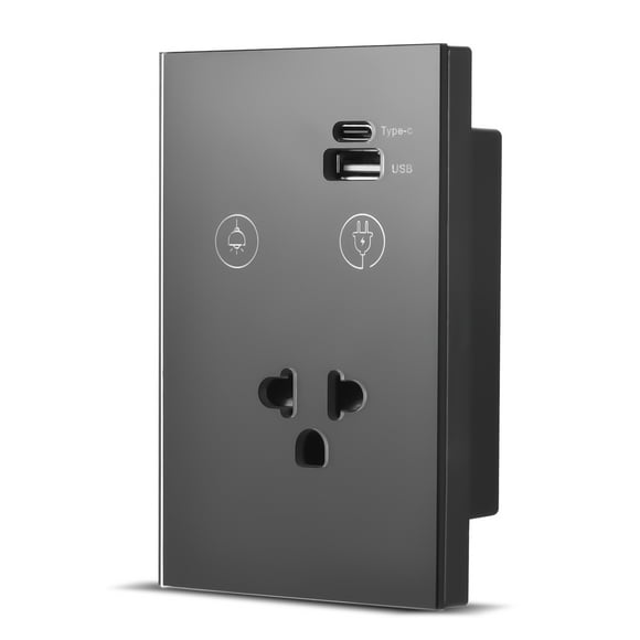 Graflsoa Interrupteur Mural Intelligent Wi-Fi 2-en-1 avec Prise Type-C/USB/US, Commande Tactile, Télécommande via Application et Voix, Wi-Fi 2,4G, Panneau en Verre Trempé, Fil Neutre Requis, Noir (120 mm)