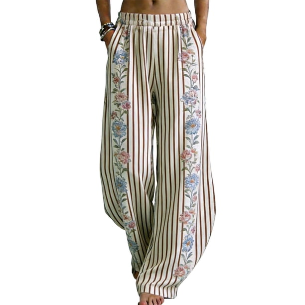 Pantalones de Piernas Anchas de las Mujeres Impresión Floral de Algodón Lino Suelto Casual de Cintura Alta Pantalones Largos Cónicos para Primavera Verano