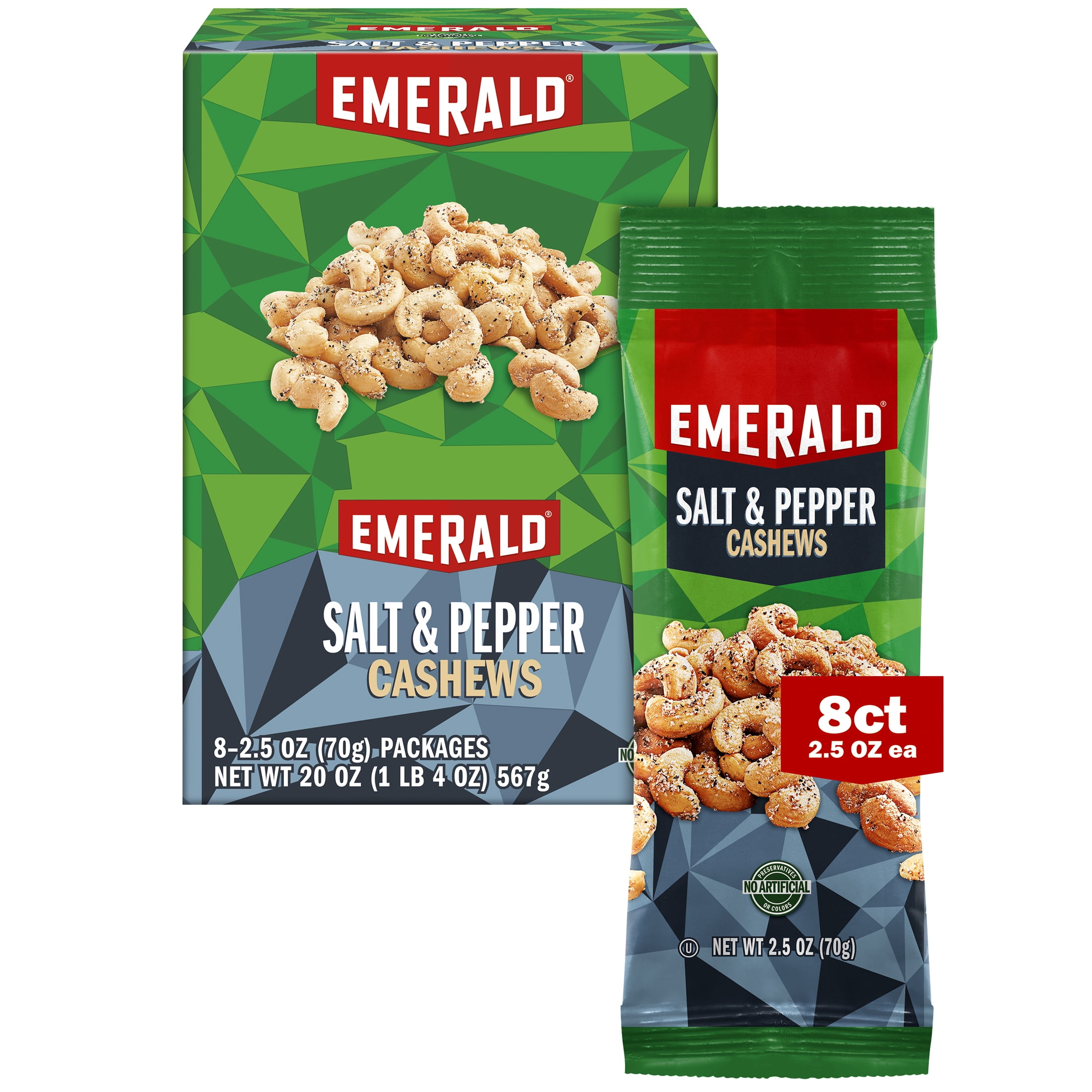 EMERALD NUTS Salt and Pepper Seasoned Cashews 8 Ct | 2.5 Oz Individual Snack Tubes
