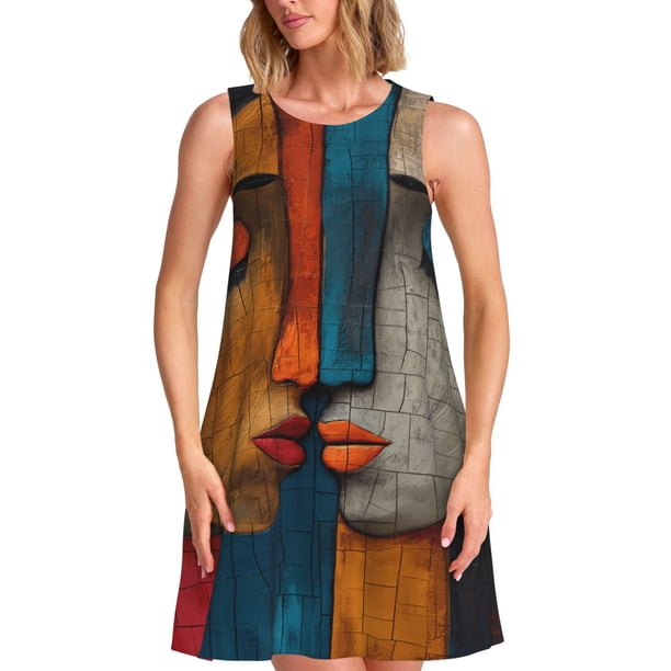 Easygdp Abstract Colorful Duality para Vestido Transpirable de Mujer, Vestido Suelto de Manga Corta con Pliegues y Bolsillos para el Verano