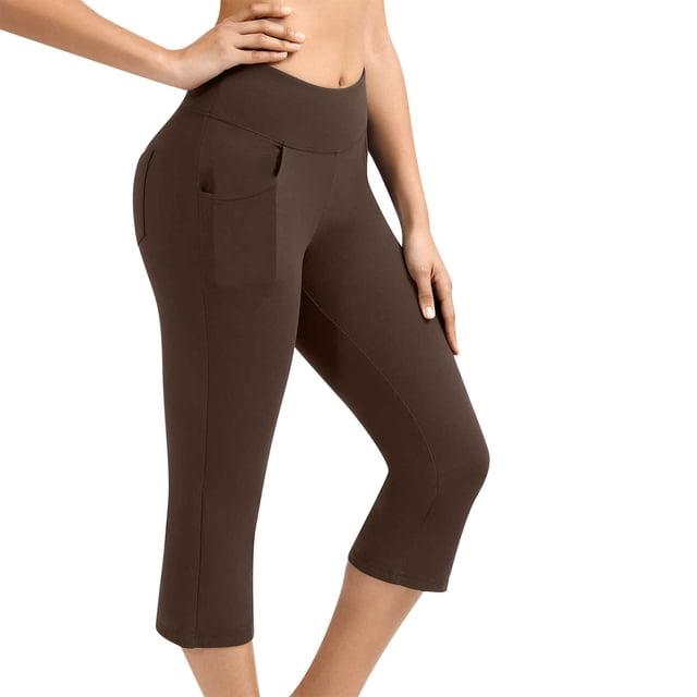 Womens Yoga Pants High Waisted Solid Color Knee Length Leggings Workout Exercise Capris Pants For Women