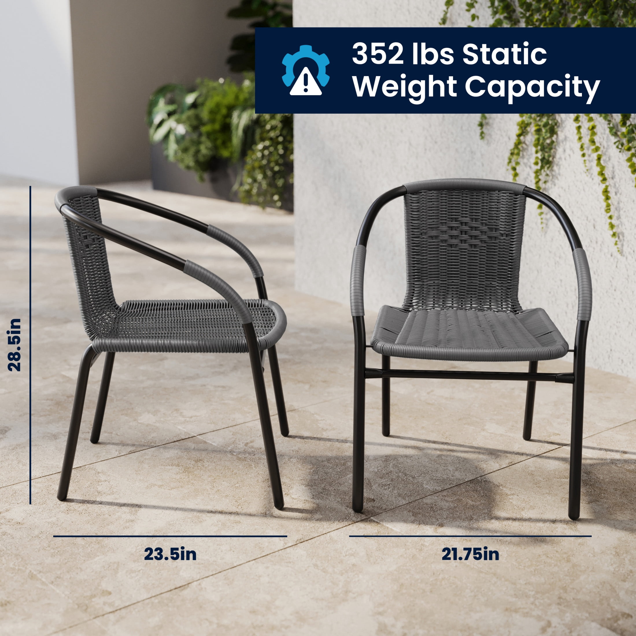 Flash Furniture 28'' Square Glass Metal Table with Gray Rattan Edging and 4 Gray Rattan Stack Chairs