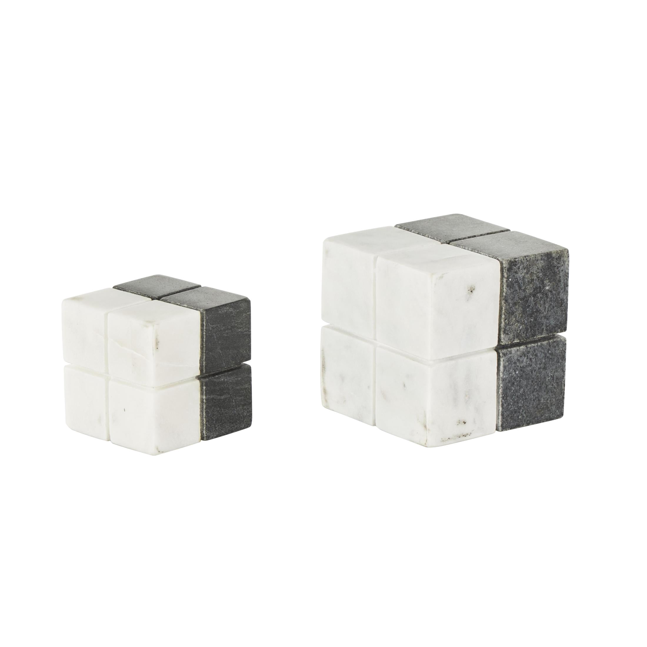 4", 3"H White Marble Dice Geometric Sculpture with Black Accent, by DecMode (2 Count)