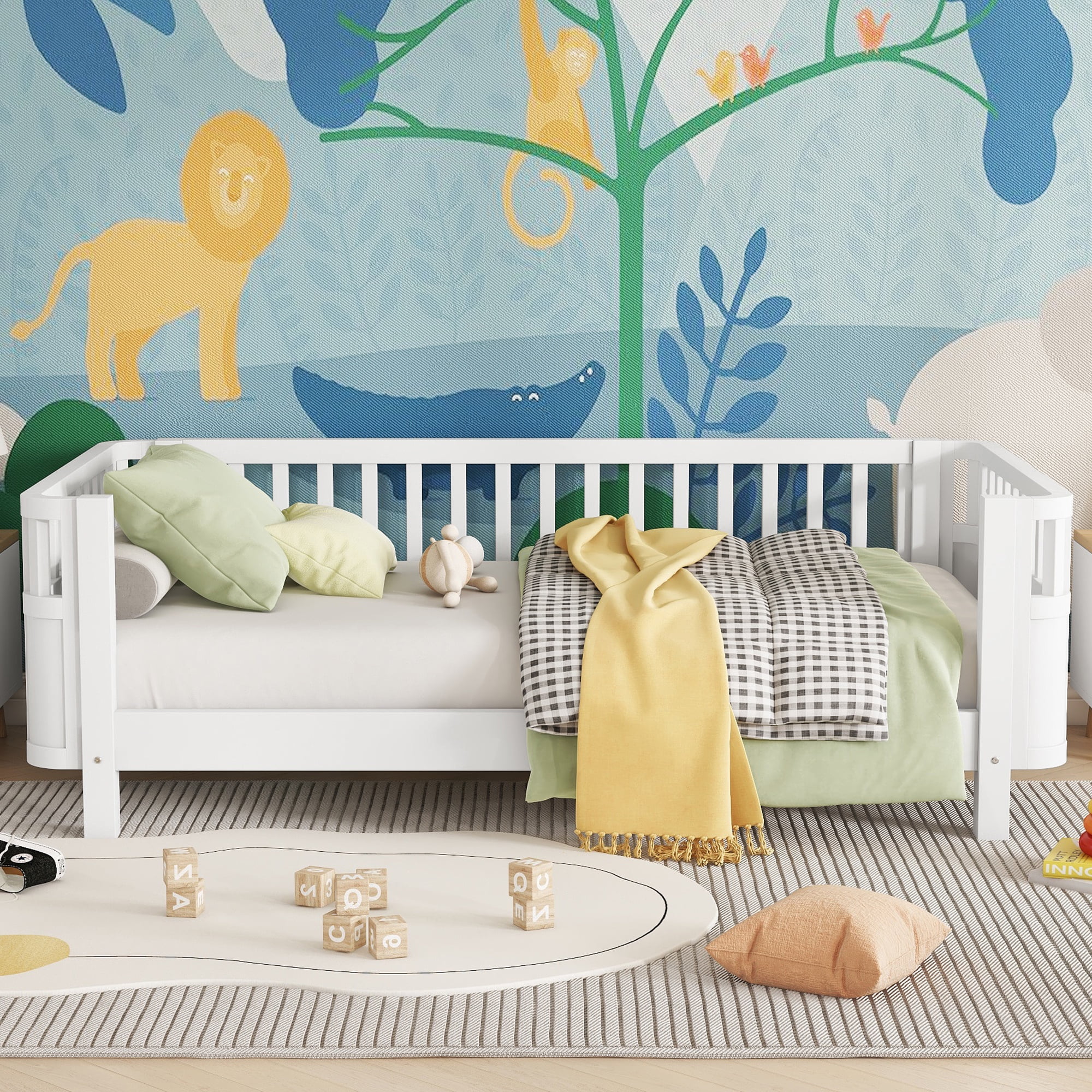 PORKISS Twin Size Bed with Fence for Kids, Solid Wood Twin Platform Bed Frame with Slats and Safety Guardrails for Girls Boys, Removable Guardrail, No Box Spring Needed, White #2