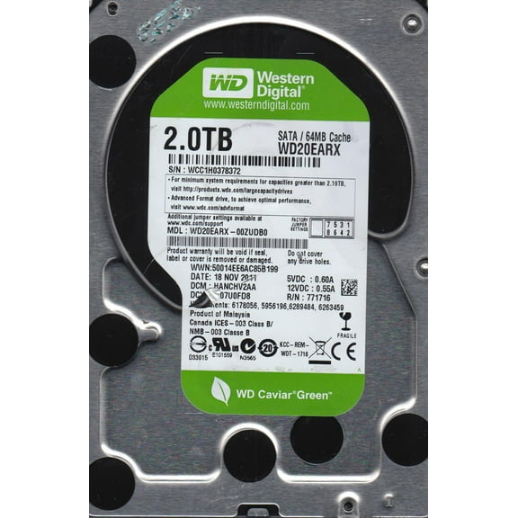 WD20EARX-00ZUDB0, DCM HANCHV2AA, Western Digital 2TB SATA 3.5 Hard Drive