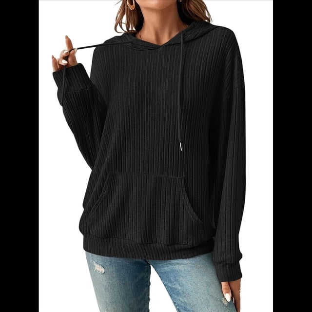 Sudadera Informal con Capucha y Bolsillo Frontal de Larga con Cordón para Mujer Negro M