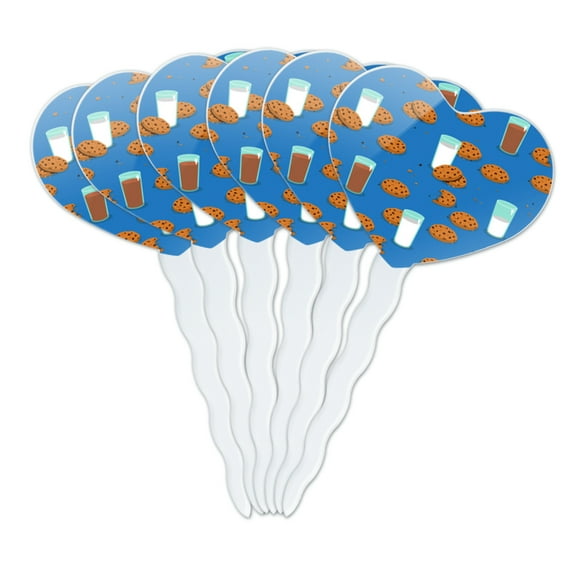 Chocolate Chip Cookies and Milk Pattern Heart Love Cupcake Picks Toppers Decoration Set of 6