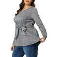 thumbnail image 4 of MODA NOVA Juniors Plus Size Work Formal Long Sleeve Houndstooth Tie Waist Blouse Blue 2X, 4 of 6