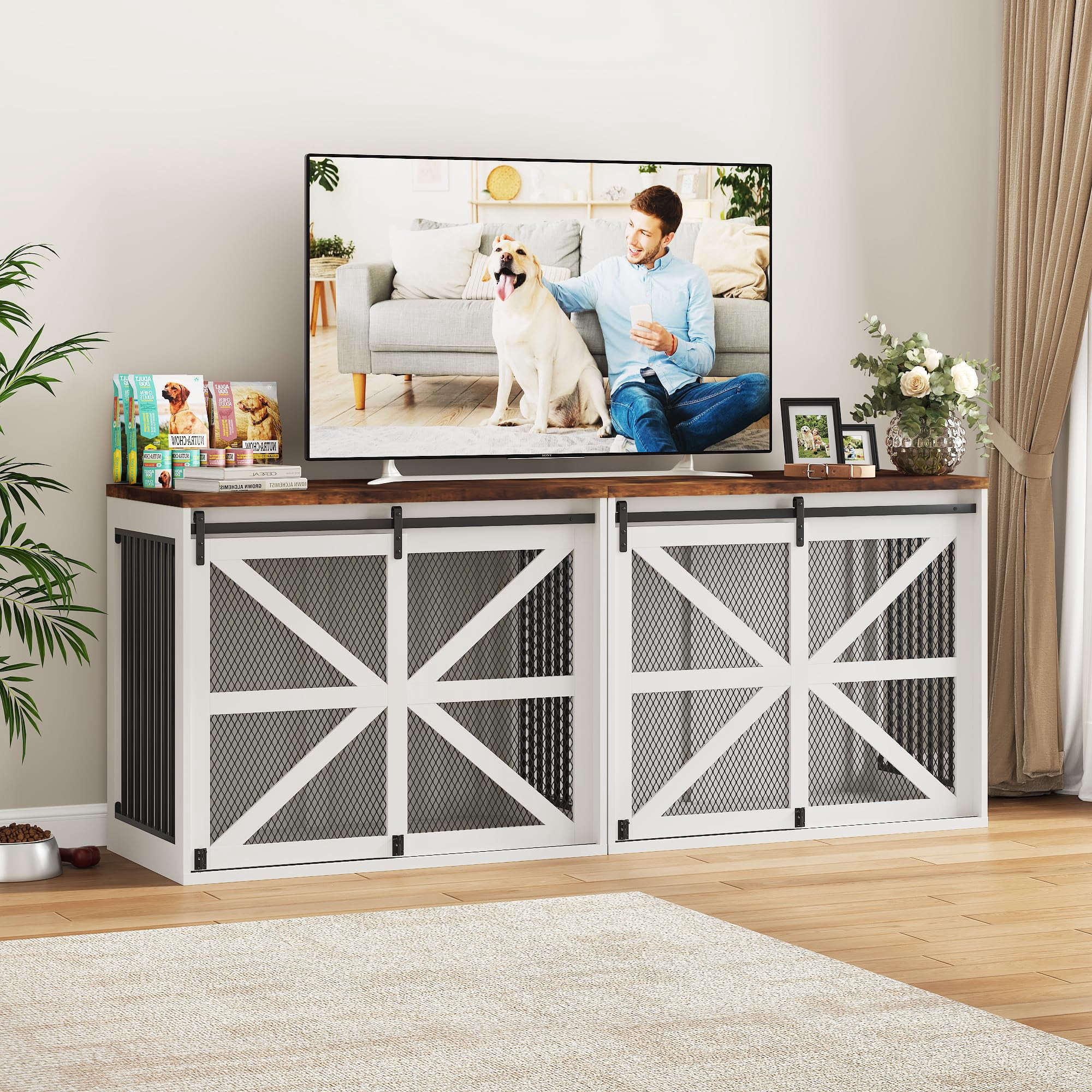Blotout 43.3" Farmhouse Dog Crate Furniture, Wooden Dog Crate Furniture with Sliding Metal Mesh Barn Door, Solid Metal Tube & 2 Lockable Doors, XL Rustic Brown