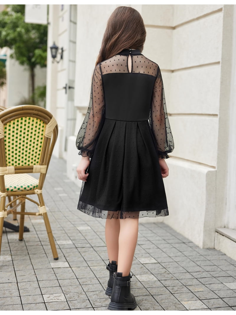 Oudiya Girls Mesh Puff Lantern Long Sleeve Black Dress Mock Neck Formal Party A Line Short Tulle Dress, Girl's, Size: 7-8