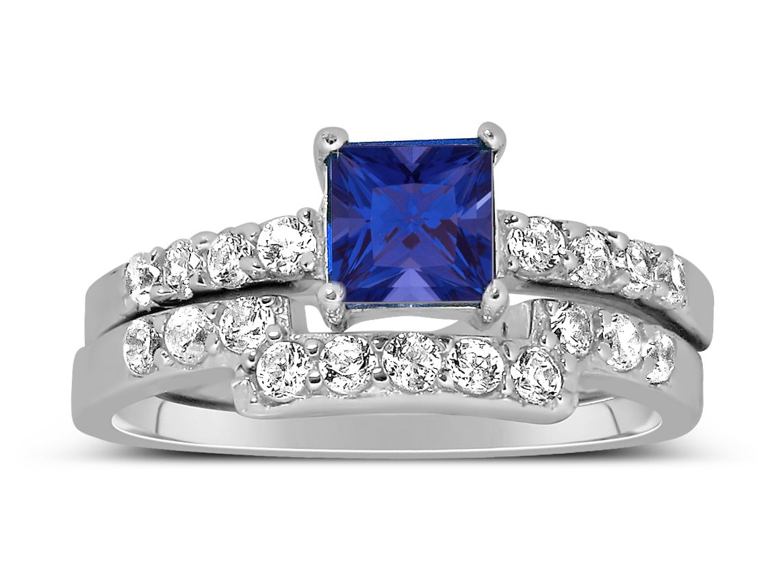 2.01 ct Princess & Round Cut Created Blue Sapphire Wedding Band Engagement Bridal Ring Set 14k White Gold Plated 