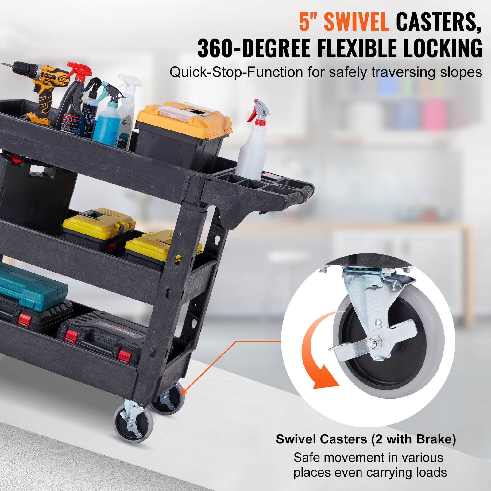 KFFKFF Utility Service Cart 360° Swivel Wheels 550lbs 3 Shelf (2 with Brakes)