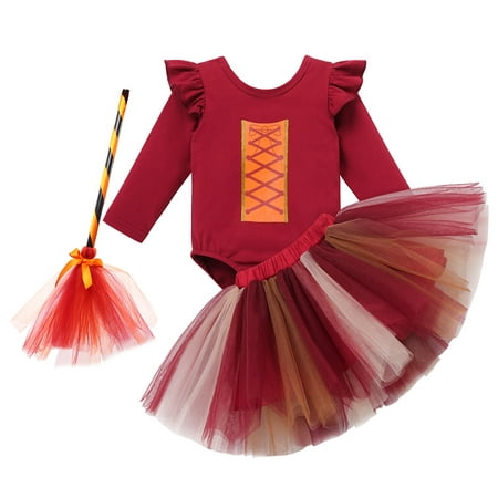 

IBTOM CASTLE Baby Girl Halloween Outfit Long Sleeve Romper Tutu Skirt Witch Broom Set Carnival Fancy Dress For Birthday Party Photoshoot 6-12 Months Wine Red + Witch Broom