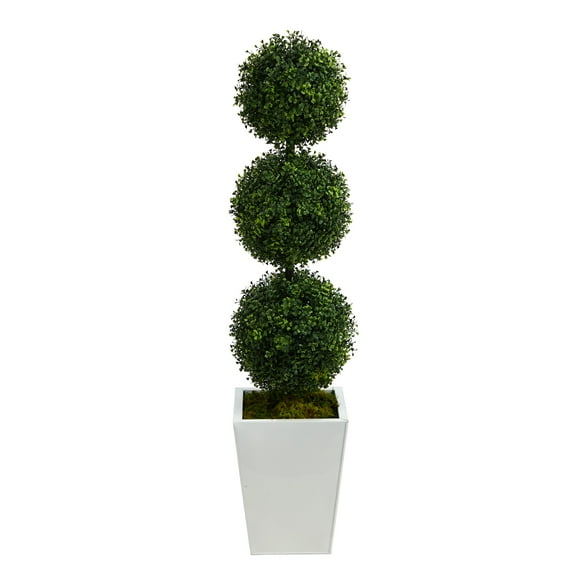 Nearly Natural 46in. Boxwood Triple Ball Topiary Artificial Tree in White Metal Planter (Indoor/Outdoor)