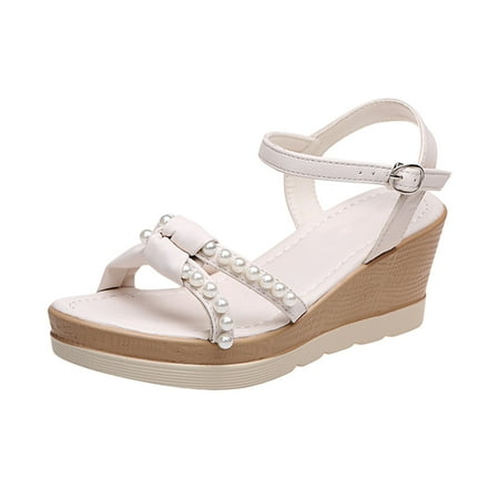 

PMUYBHF Female Sandals Women for Graduation Women s Summer Fashion One Line Buckle Roman Wedge Sandals Pearl Platform Sandals White 37